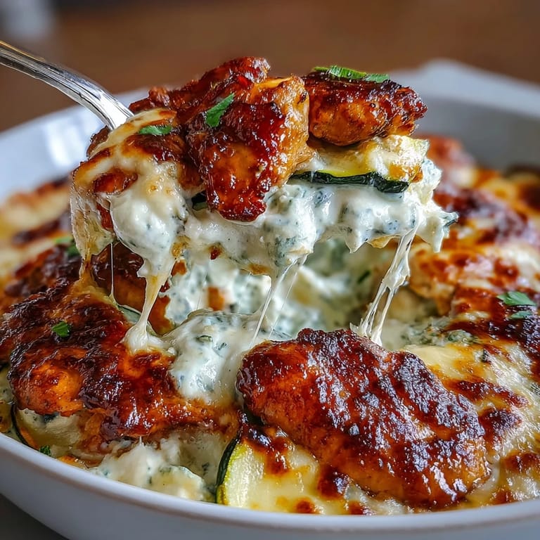 Layered High Protein Chicken Zucchini Bake fresh from the oven, showcasing crisp zucchini slices and a creamy, cheesy topping.