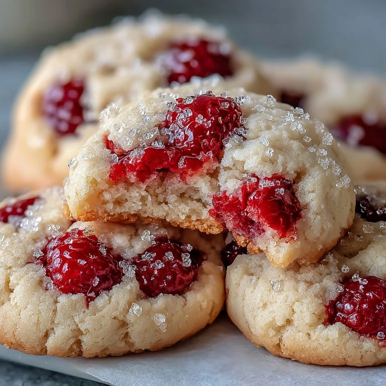 Pillowy Soft Chewy Raspberry Sugar Cookies studded with juicy raspberries, perfect for a cozy berry dessert platter.