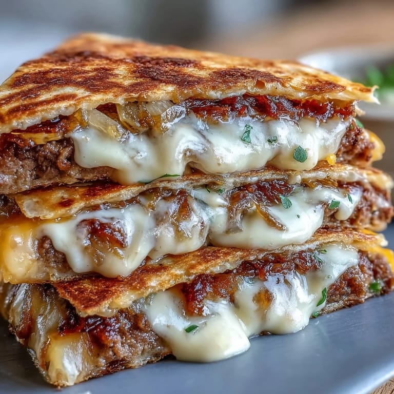 Steam rises from a freshly cut Cheesy Griddled Smashburger Quesadilla, highlighting the crisp tortilla and juicy smashburger interior.