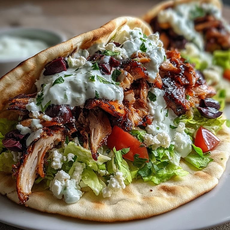 Sizzling marinated chicken thighs topped with creamy feta tzatziki, crisp lettuce, and vibrant tomatoes in a warm pita gyro.