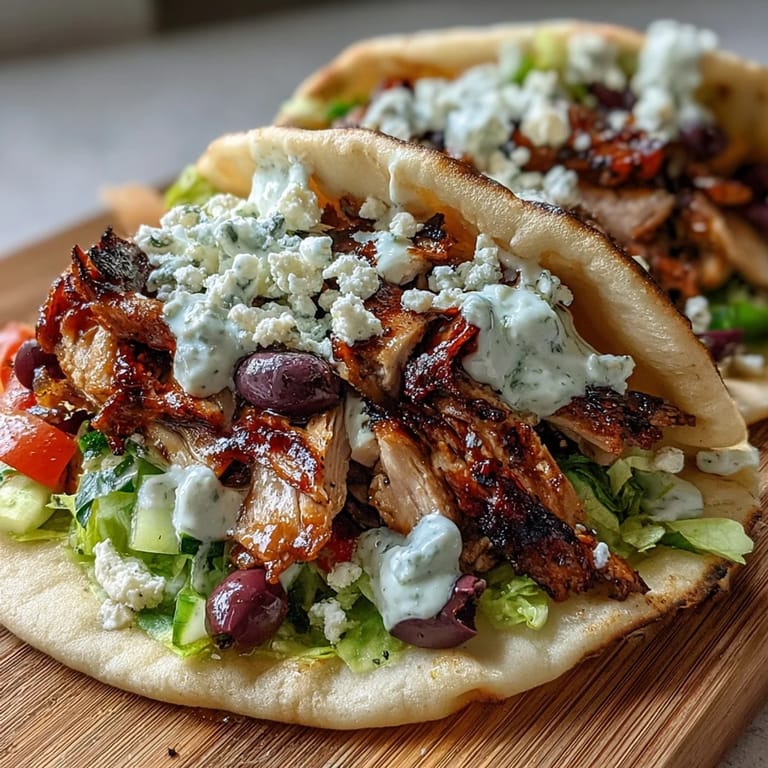 Freshly assembled Mediterranean Chicken Gyros drizzled with creamy feta tzatziki, garnished with Kalamata olives and red onion slices.
