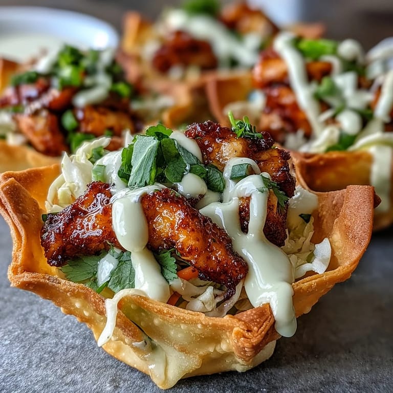Warm, smoky-spiced chicken rests inside crunchy wonton taco shells, garnished with fresh cilantro and lime wedges for serving.