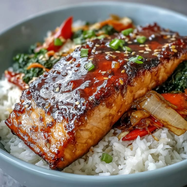 Japanese-inspired teriyaki salmon bowl garnished with sesame seeds and sliced green onions, ready to serve for dinner.