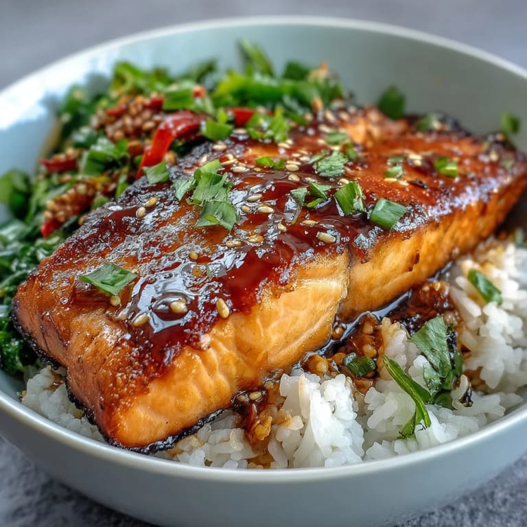 Hot teriyaki salmon rests on steamed rice, surrounded by colorful stir-fried peppers, carrots, and tender broccoli florets.