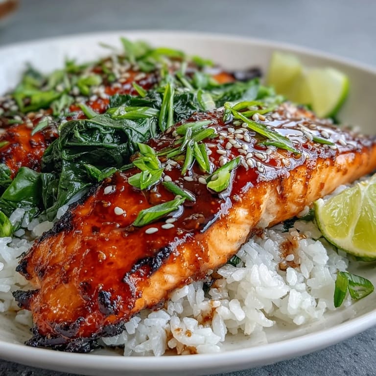 Overhead view of a Miso Glazed Salmon Bowl topped with nori strips and lime wedges, perfect for a healthy, balanced dinner.