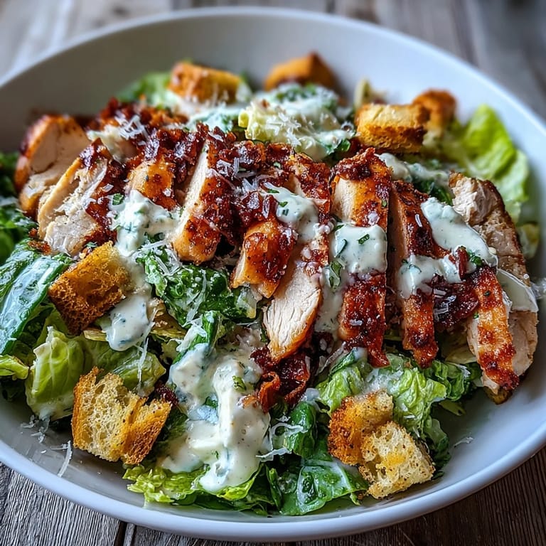 Healthy Caesar Chicken Bowl with sliced grilled chicken breast, crunchy croutons, and a drizzle of creamy dressing over crisp greens.