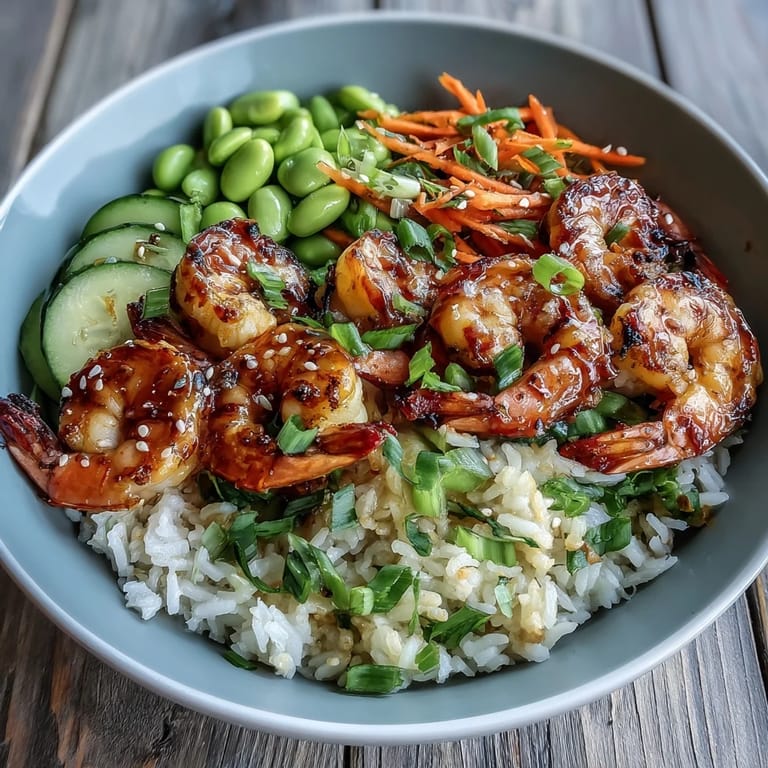 A vibrant Asian Shrimp Bowl with edamame, julienned carrots, and cucumber slices on rice, ready to enjoy for lunch.