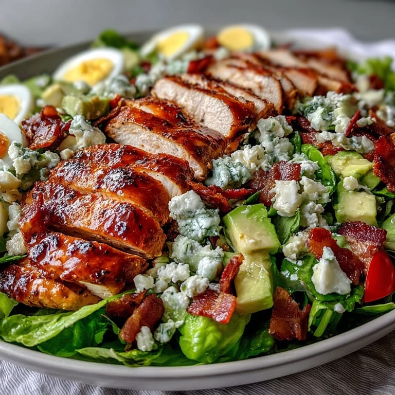 Chopped bacon and juicy tomatoes fill a classic Cobb Salad Bowl, served alongside hard-boiled eggs and tangy blue cheese.