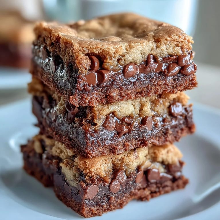 Freshly baked Hojicha Brookies on a wooden board, their golden-brown top contrasting with the dark chocolate chips.