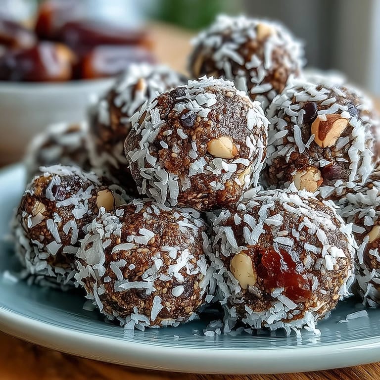 Twelve Hojicha Energy Balls paired with a steaming mug of green tea on a table.