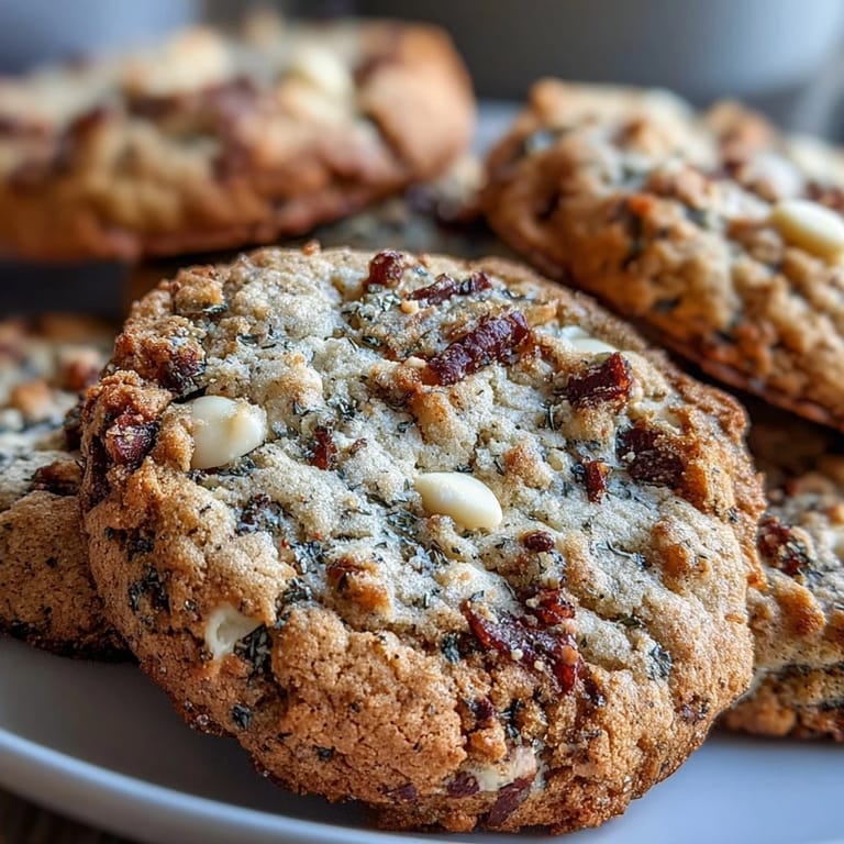 Close-up of a Brown Butter Hojicha & Earl Grey Cookie broken in half, revealing a soft, chewy interior with tea specks.