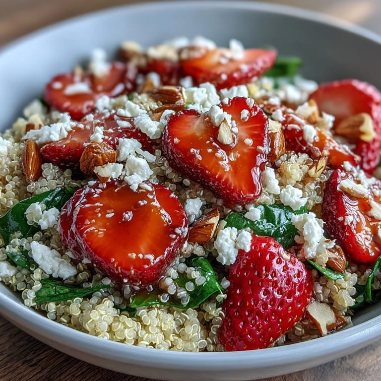 Fresh strawberries and crumbled feta shine in this colorful quinoa salad, finished with a sweet-tart balsamic vinaigrette for bright flavor.