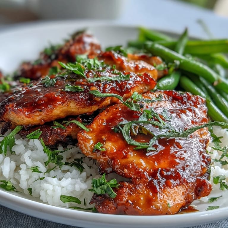Juicy chicken breasts coated in honey mustard sauce, paired with vibrant green beans for a fresh, colorful plate.