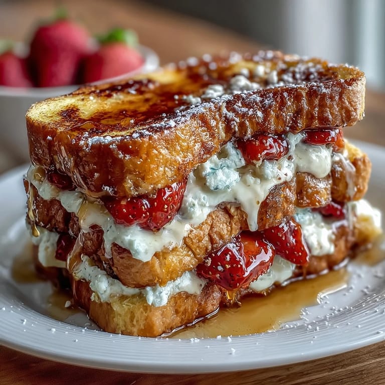 Baked strawberry French toast casserole topped with cinnamon streusel and powdered sugar for a sweet brunch treat.  
