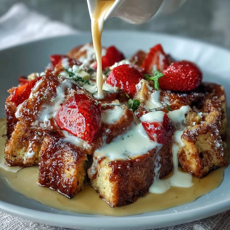 Warm strawberry French toast bake served with maple syrup, perfect for a festive spring breakfast gathering.