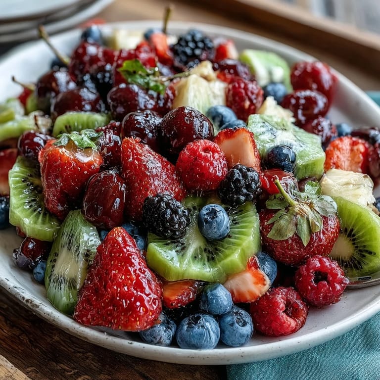 Colorful fruit arrangement featuring strawberries, pineapple, kiwi, and berries served with luscious coconut whipped cream.