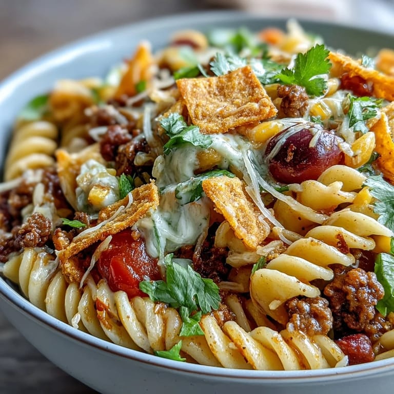 Creamy avocado ranch dressing coats taco-seasoned pasta salad, topped with shredded cheese and Doritos.