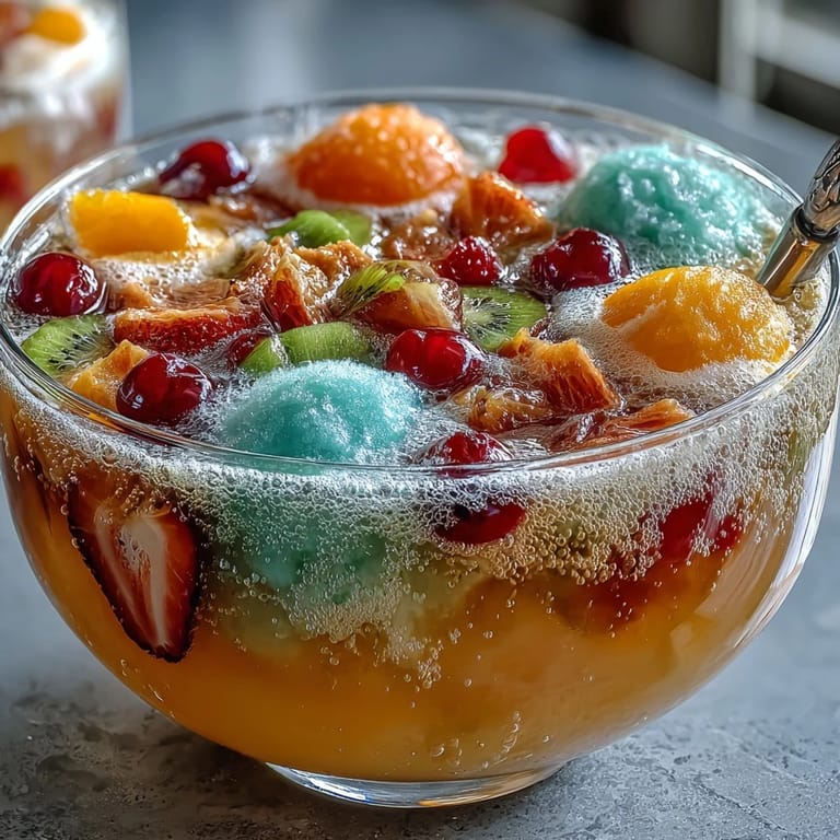 Easy graduation party punch with rainbow sherbet scoops floating in fizzy lemon-lime soda, garnished with citrus slices and cherries.