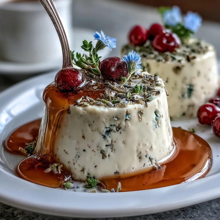 Creamy panna cotta dessert featuring fragrant lavender and floral honey notes, elegantly garnished with edible blossoms and a honey glaze.