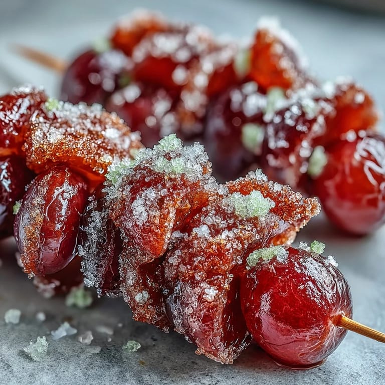 Vibrant green and red grapes freeze on wooden sticks, rolled in fragrant lime sugar for a tangy, icy snack.