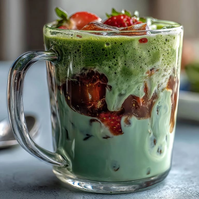 Creamy strawberry matcha latte with oat milk, sweet fruit puree blended with earthy matcha and chilled oat milk for a dairy-free treat.