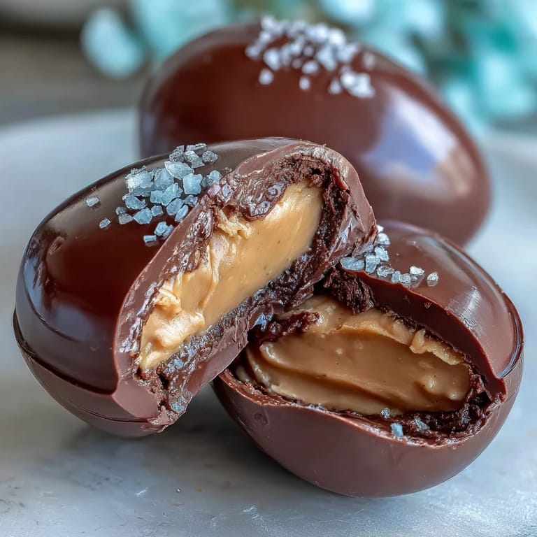 Homemade peanut butter-filled Easter eggs coated in smooth dark chocolate and garnished with sea salt, perfect for holiday dessert platters.