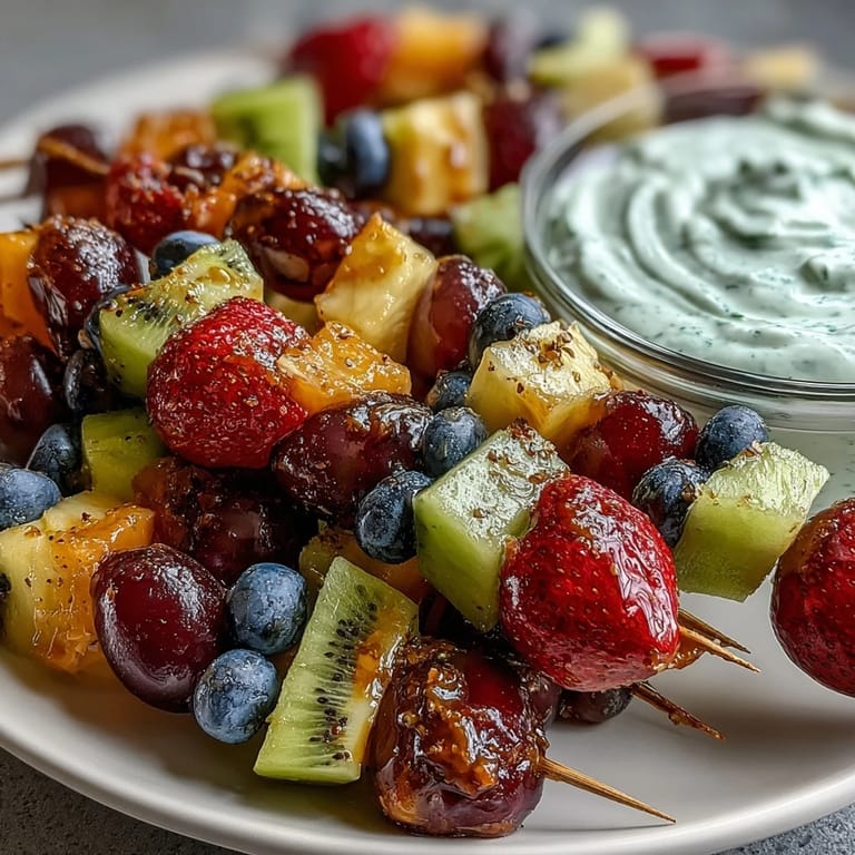 Rainbow Fruit Skewers with Honey Dip: Brightly arranged fruit skewers featuring strawberries, pineapple, and kiwi, paired with a luscious honey-yogurt dip perfect for healthy snacking.