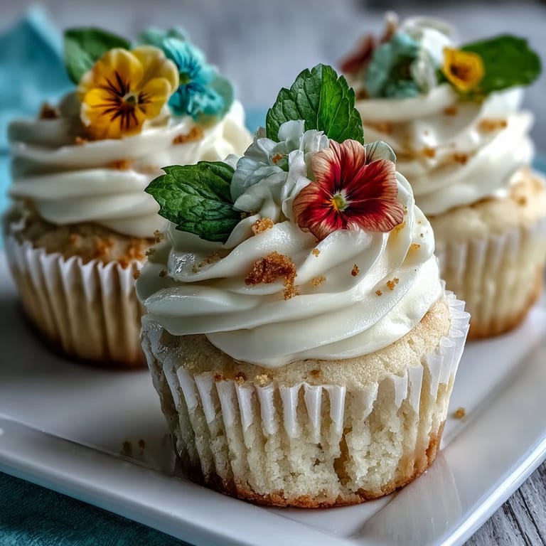 Adorable vanilla cupcakes adorned with edible flowers, offering a light, floral treat ideal for springtime gatherings.