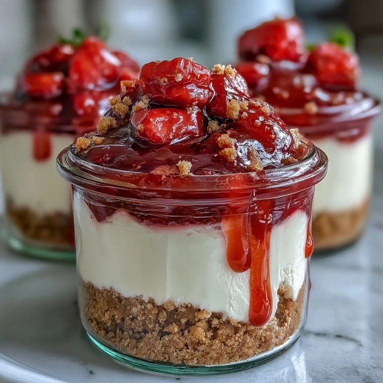 No-bake strawberry cheesecake jars feature smooth vanilla cream cheese filling atop a crunchy biscuit base, topped with vibrant strawberry sauce.