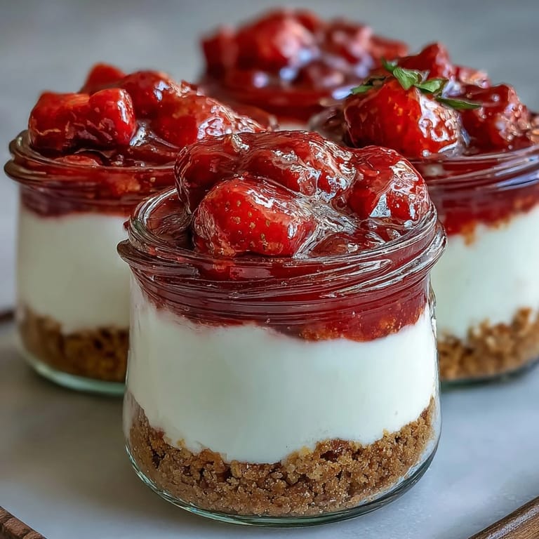 Individual no-bake strawberry cheesecake jars showcase luscious whipped cheesecake, zesty lemon notes, and ruby-red strawberry compote for a perfect spring treat.