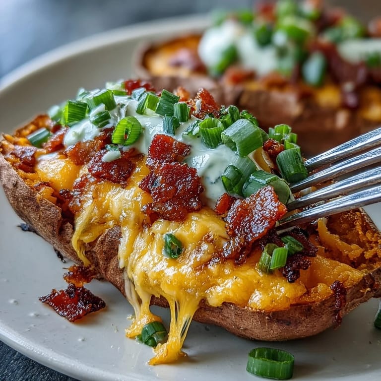 Golden baked sweet potato skins filled with smoky bacon, sharp cheddar, and green onions for a savory appetizer.  