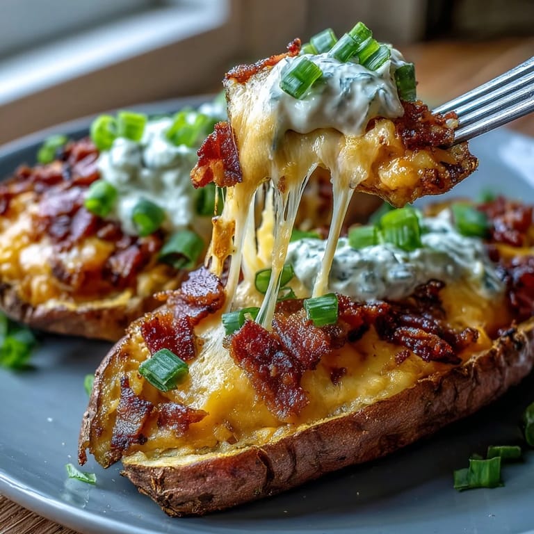 Twice-baked sweet potato skins loaded with gooey cheese, crumbled bacon, and a dollop of tangy sour cream.