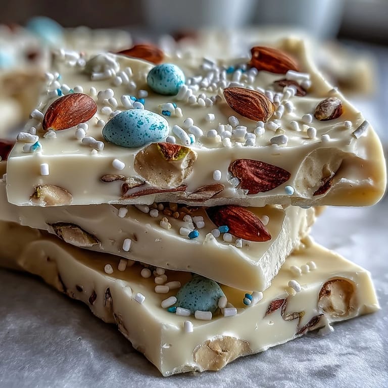 Colorful white chocolate Easter bark featuring candy-coated pastel eggs and chopped pistachios, a delightful treat for holiday gatherings.