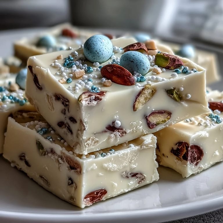 Easy white chocolate Easter bark topped with crunchy pistachios and colorful candy eggs, ideal for festive springtime snacking.
