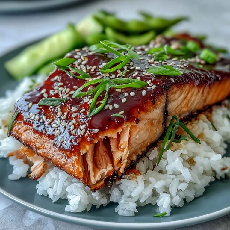 Golden teriyaki salmon fillets served atop fluffy rice with vibrant edamame and crisp cucumber for a nourishing bowl.  