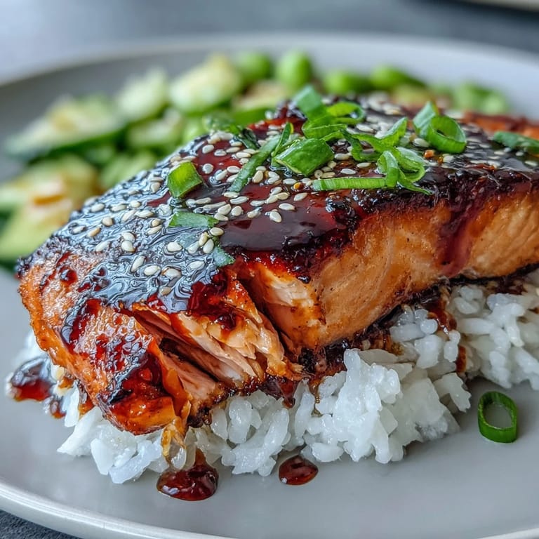 Savory teriyaki-glazed salmon paired with steamed rice, bright edamame, and refreshing cucumber slices in a wholesome Japanese-inspired dish.