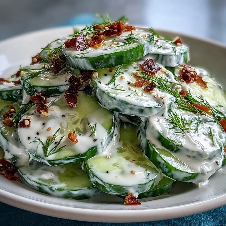 Crisp cucumbers coated in rich, tangy dressing and sprinkled with savory everything bagel seasoning for a refreshing bite.