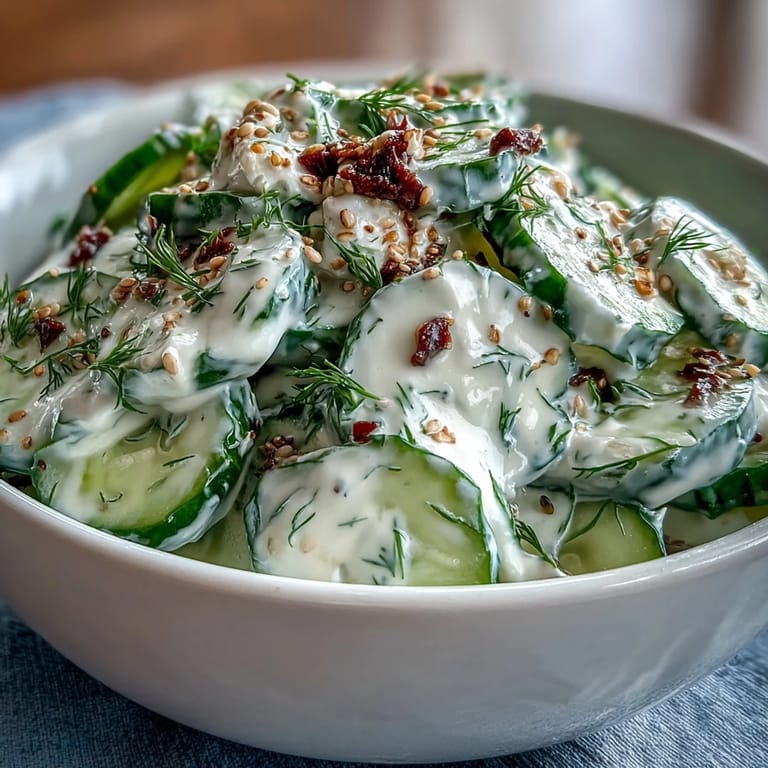 Cool cucumber slices mixed with zesty dressing and crunchy everything bagel seasoning, perfect for a light summer side dish.
