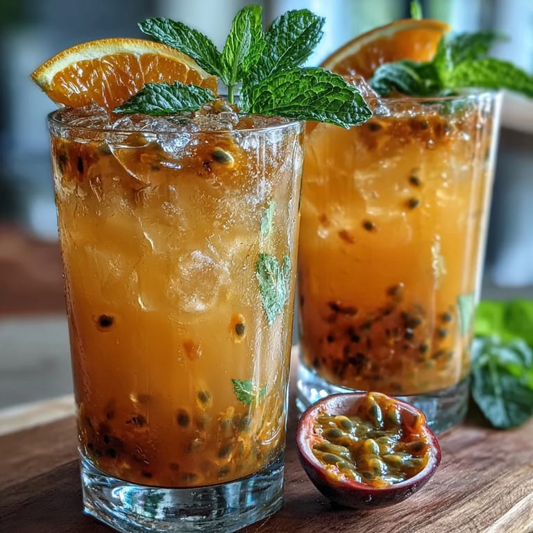 Refreshing passionfruit and orange mocktail garnished with fresh mint and orange slices, perfect for summer celebrations.