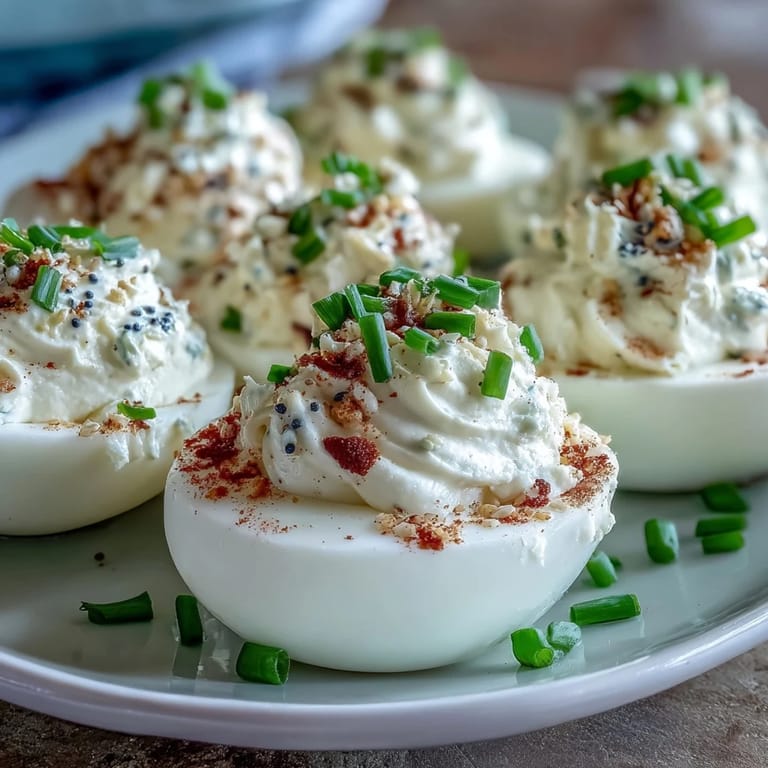 Deviled eggs filled with smooth cream cheese and zesty Dijon, finished with a crunchy everything bagel topping for bold flavor.