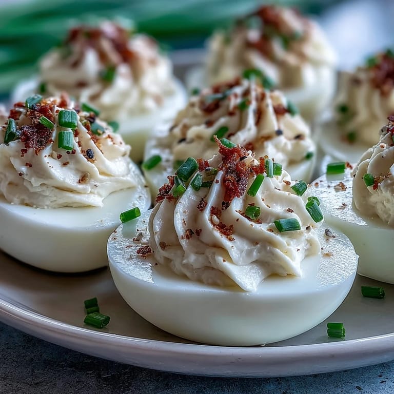 Creamy deviled eggs featuring rich cream cheese, lemon, and chives, sprinkled with everything bagel seasoning for a tasty appetizer.