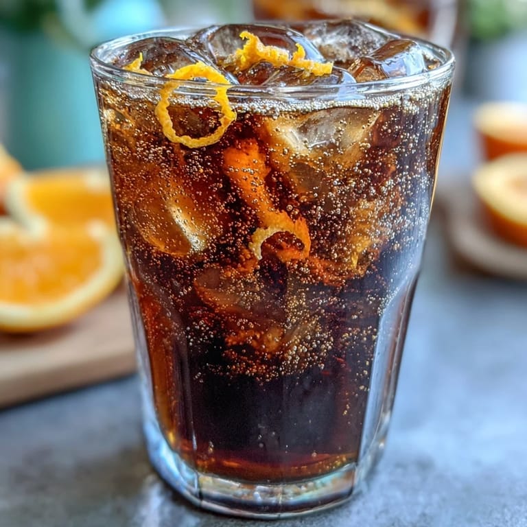 Sparkling cold brew coffee tonic garnished with fresh orange zest and a citrus wedge.  