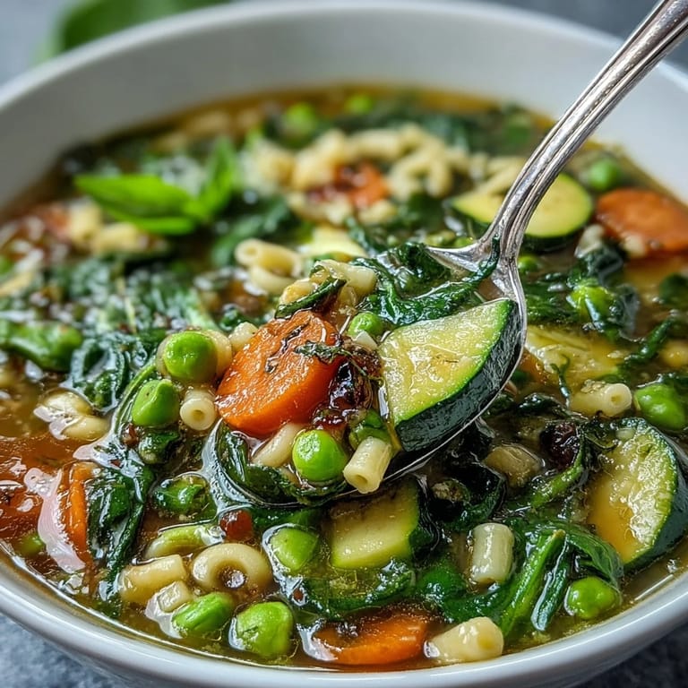 Hearty Spring Minestrone, packed with tender vegetables and ready to be enjoyed.
