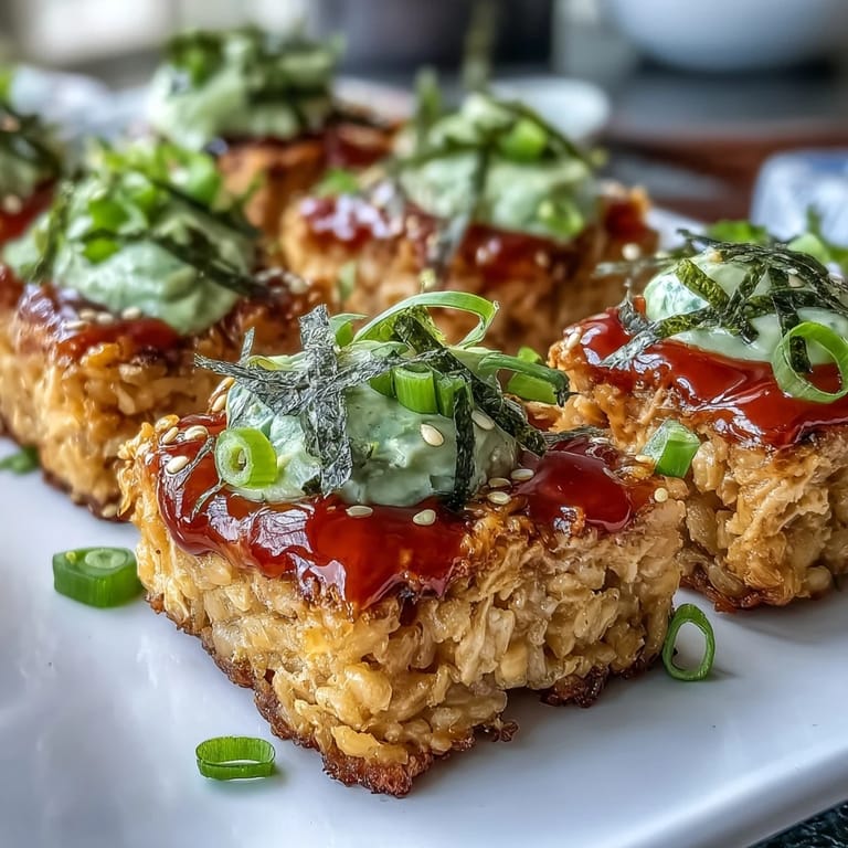 Spicy tuna crispy rice features golden fried sushi rice squares topped with a creamy, chili-spiced tuna mixture and fresh garnishes.