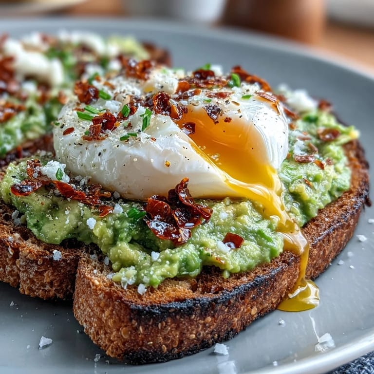 A vibrant breakfast toast featuring smashed avocado, runny poached egg, and fragrant chili crisp for a satisfying crunch in every bite.  
