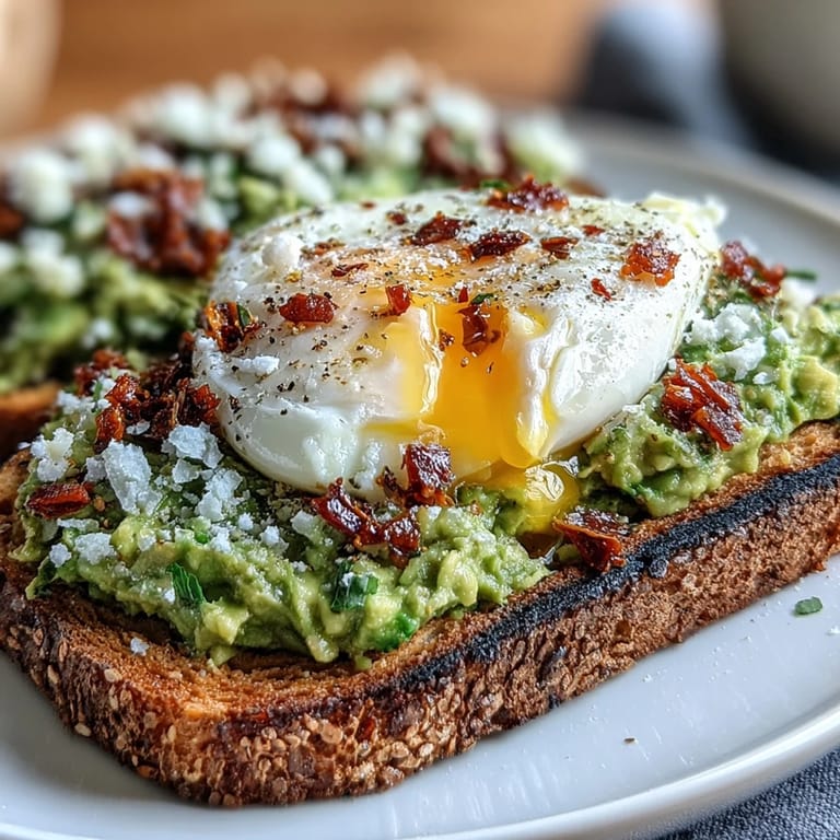Rich avocado mash on crisp bread, crowned with a delicate poached egg and bold chili oil drizzle for a modern, spicy brunch favorite.
