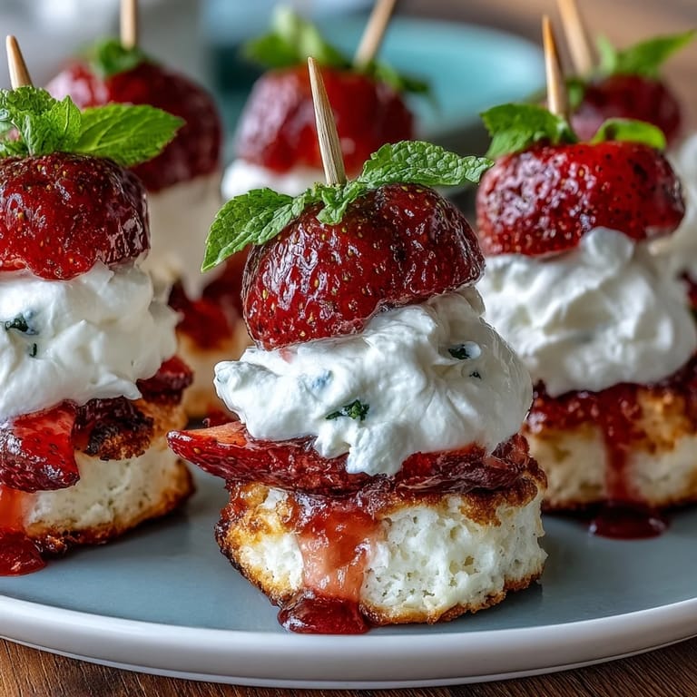 Mini strawberry shortcake bites skewered with fresh berries and fluffy cream.