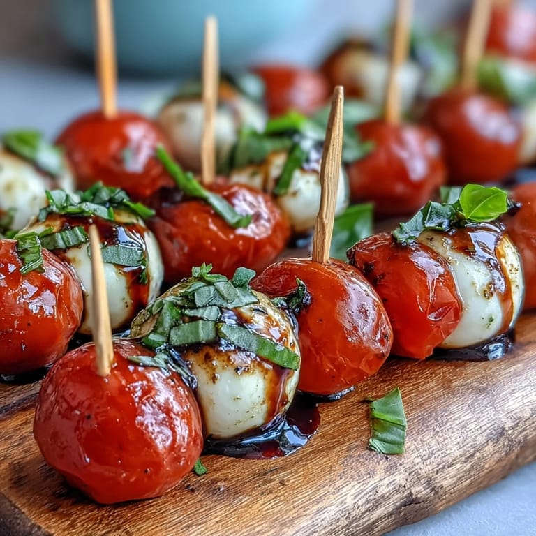 Close-up of colorful mini Caprese salad skewers, ready for a delightful bite.