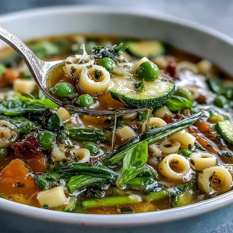 A steaming bowl of Spring Minestrone, garnished with Parmesan and fresh herbs.