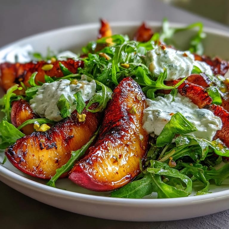 Juicy grilled peaches atop fresh greens with melting burrata cheese and nuts.